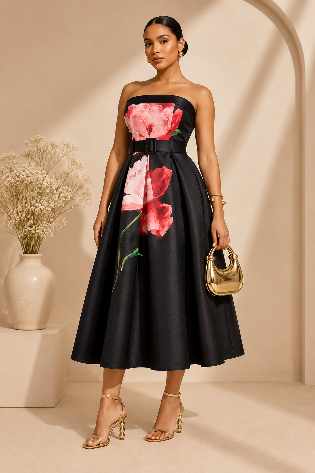 Robe Noir-Satin-Floral