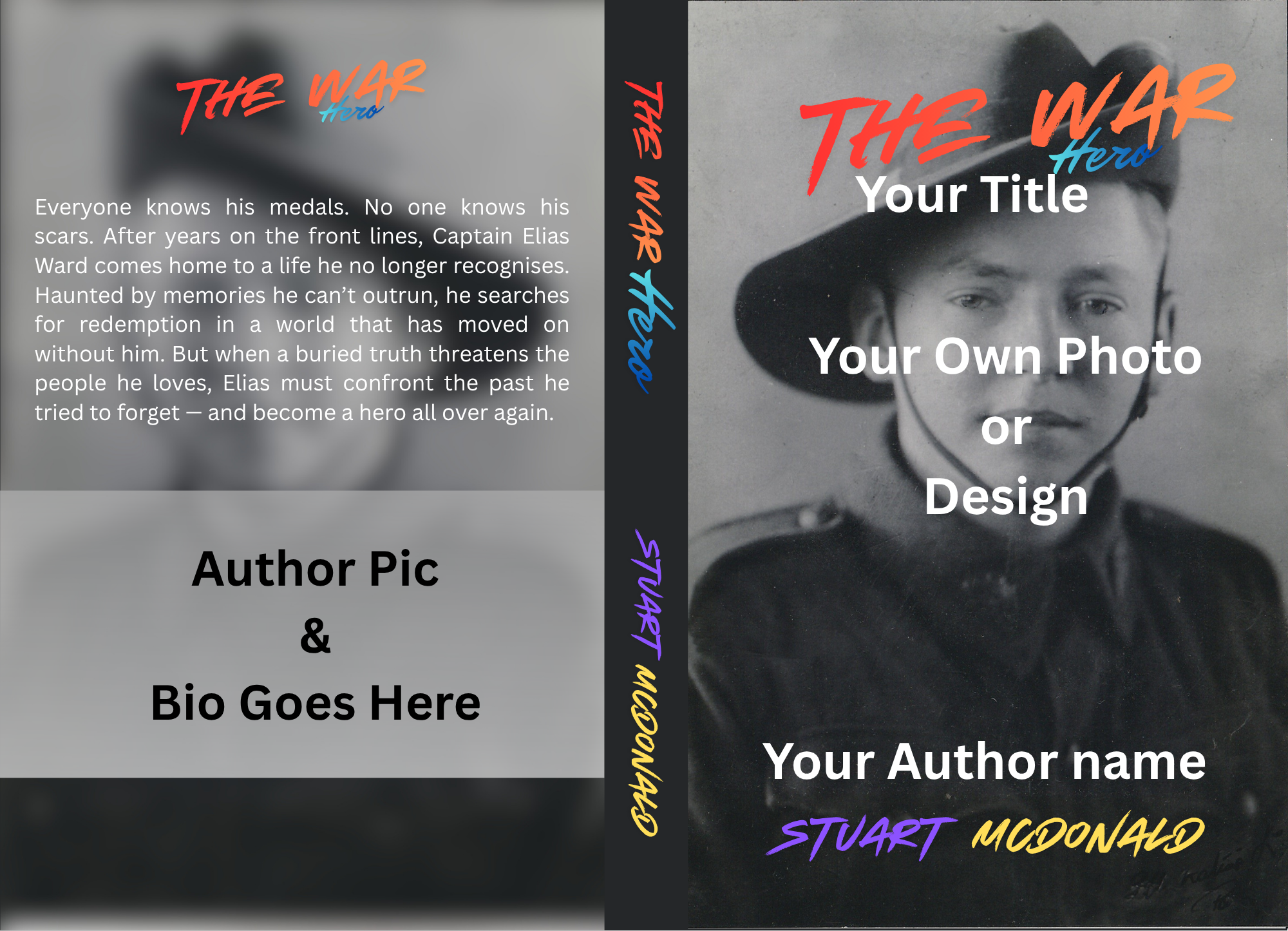 A book cover titled "The War Hero" with a black and white photo of a woman wearing a hat on the front. The cover has colorful text for the title and author name, and placeholders for the subtitle, author photo, biography, and back cover description.