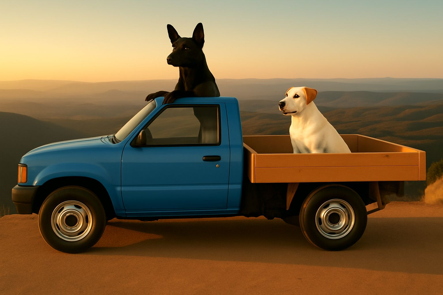 A blue mini truck with a wooden cargo bed, two dogs sitting in the cargo area and one dog sitting on the roof, set against a scenic background at sunset.