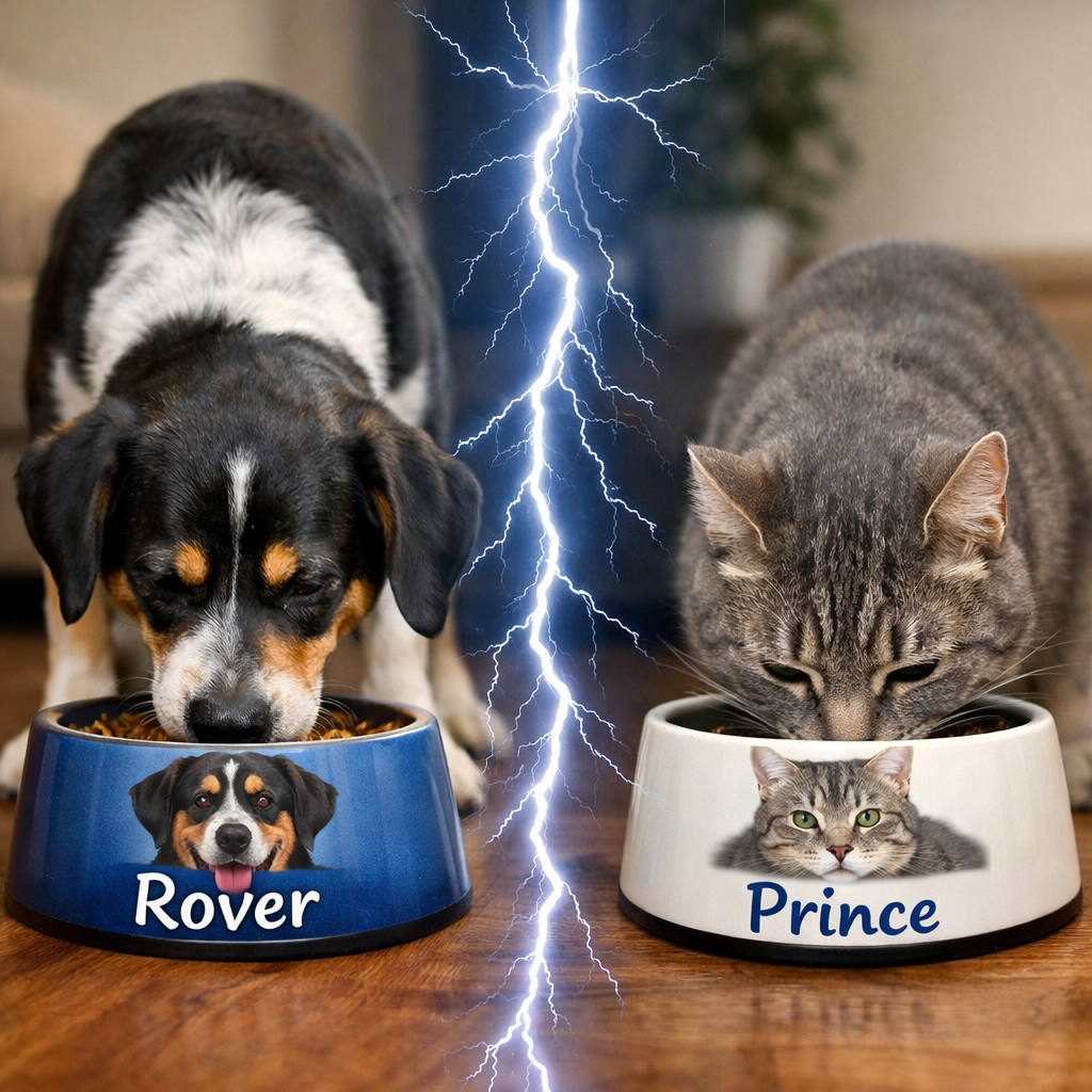 A pet food container labeled 'Prince' with a black and white cat illustration, filled with dry cat food, placed on a light-colored wooden floor next to a fuzzy white blanket and a toy mouse connected to a stick.