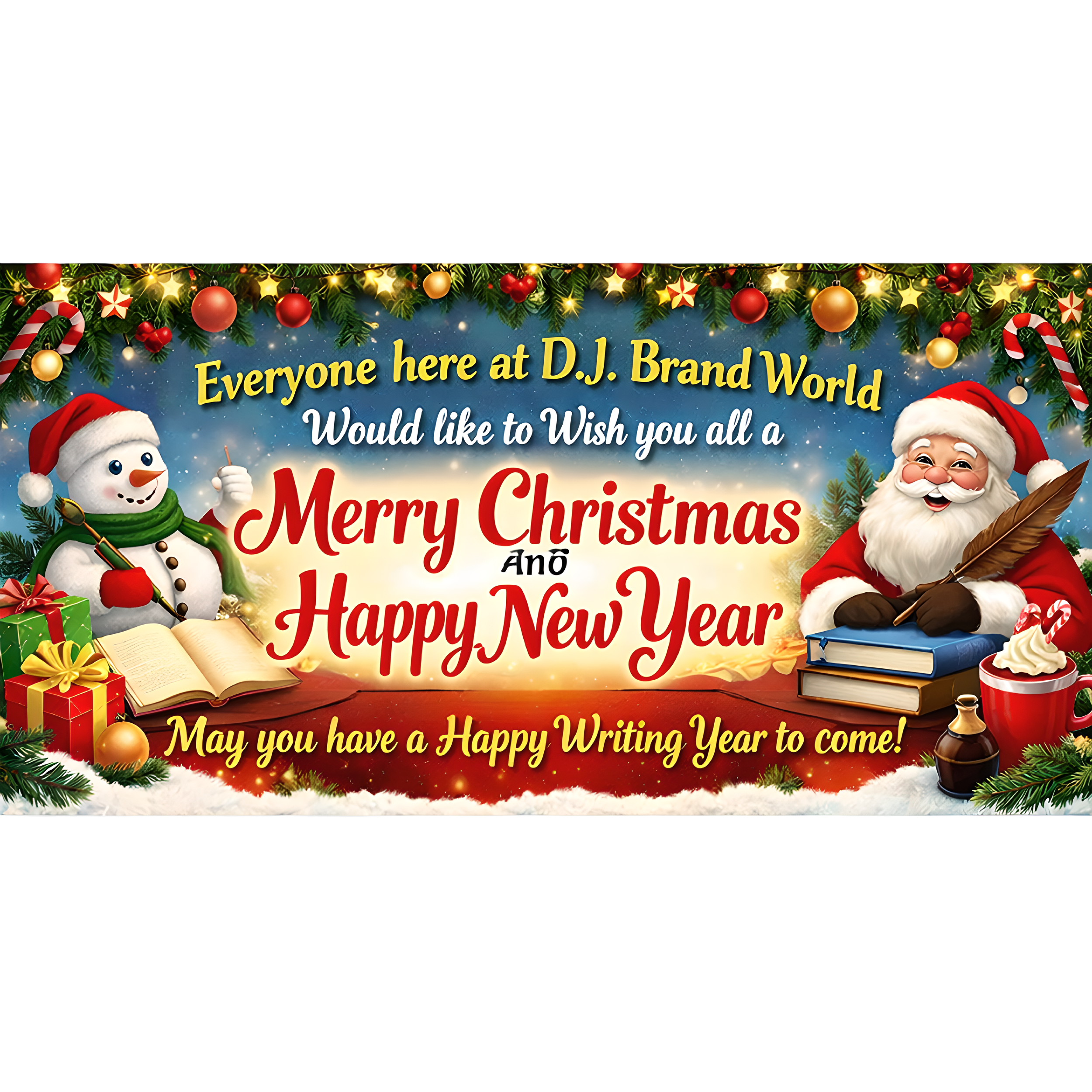 Holiday greeting card with a snowman and Santa Claus surrounded by Christmas decorations, presents, and greenery. The card reads "Everyone here at D.J. Brand World would like to wish you all a Merry Christmas and Happy New Year. May you have a Happy Writing Year to come!"