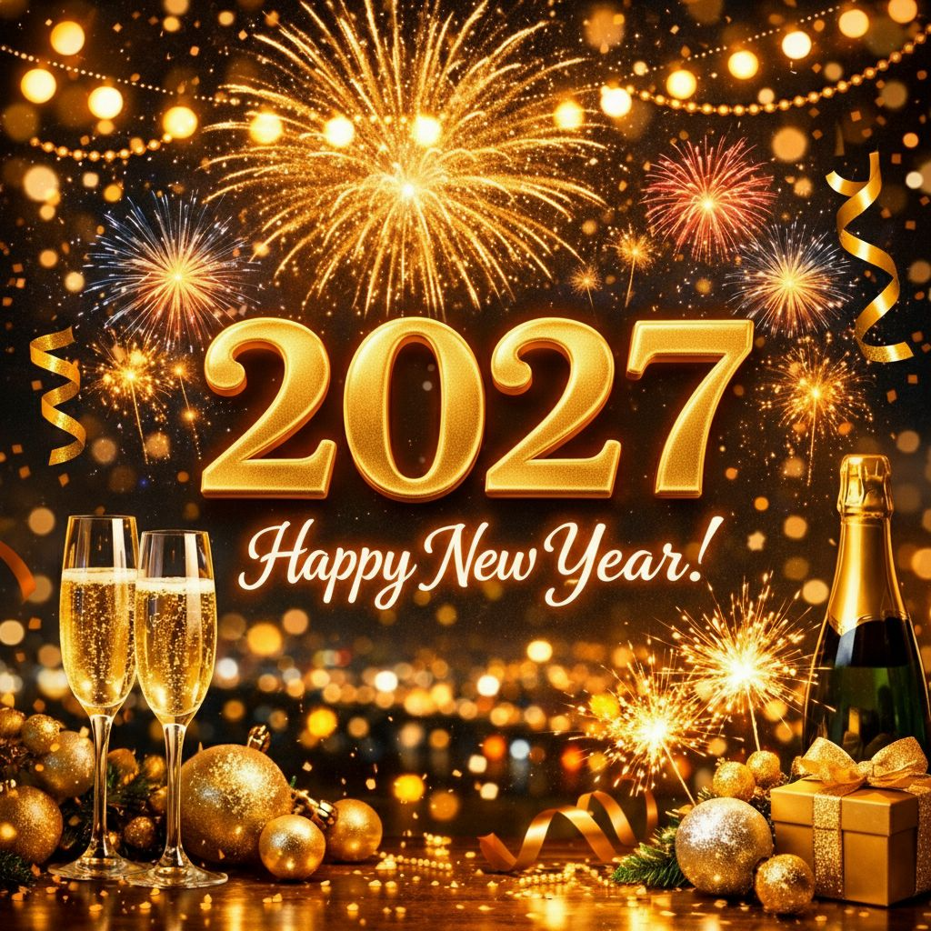 Celebration with fireworks, champagne glasses, a bottle of champagne, and New Year decorations in gold color for 2027, wishing a Happy New Year.