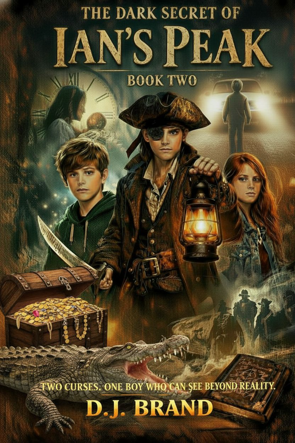 Book cover for 'The Dark Secret of Jan's Peak: Book Two' featuring three young characters, a pirate with an eyepatch and lantern, a boy with a knife, a girl with red hair, a crocodile, a treasure chest, and silhouettes of adventurers. Background includes a clock, a girl with a crystal ball, and a mysterious figure at the end of a path. Caption reads 'Two curses. One boy who can see beyond reality.' by D.J. Brand.