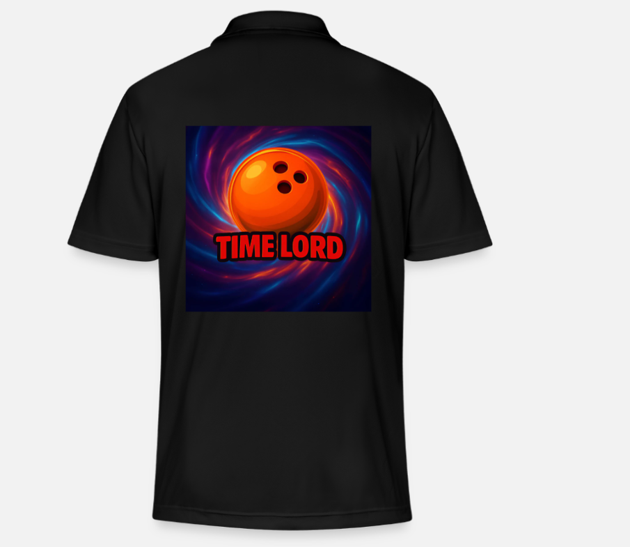 Black shirt with a graphic of an orange bowling ball with three finger holes, swirling colorful background, and the text "TIME LORD" in red block letters.