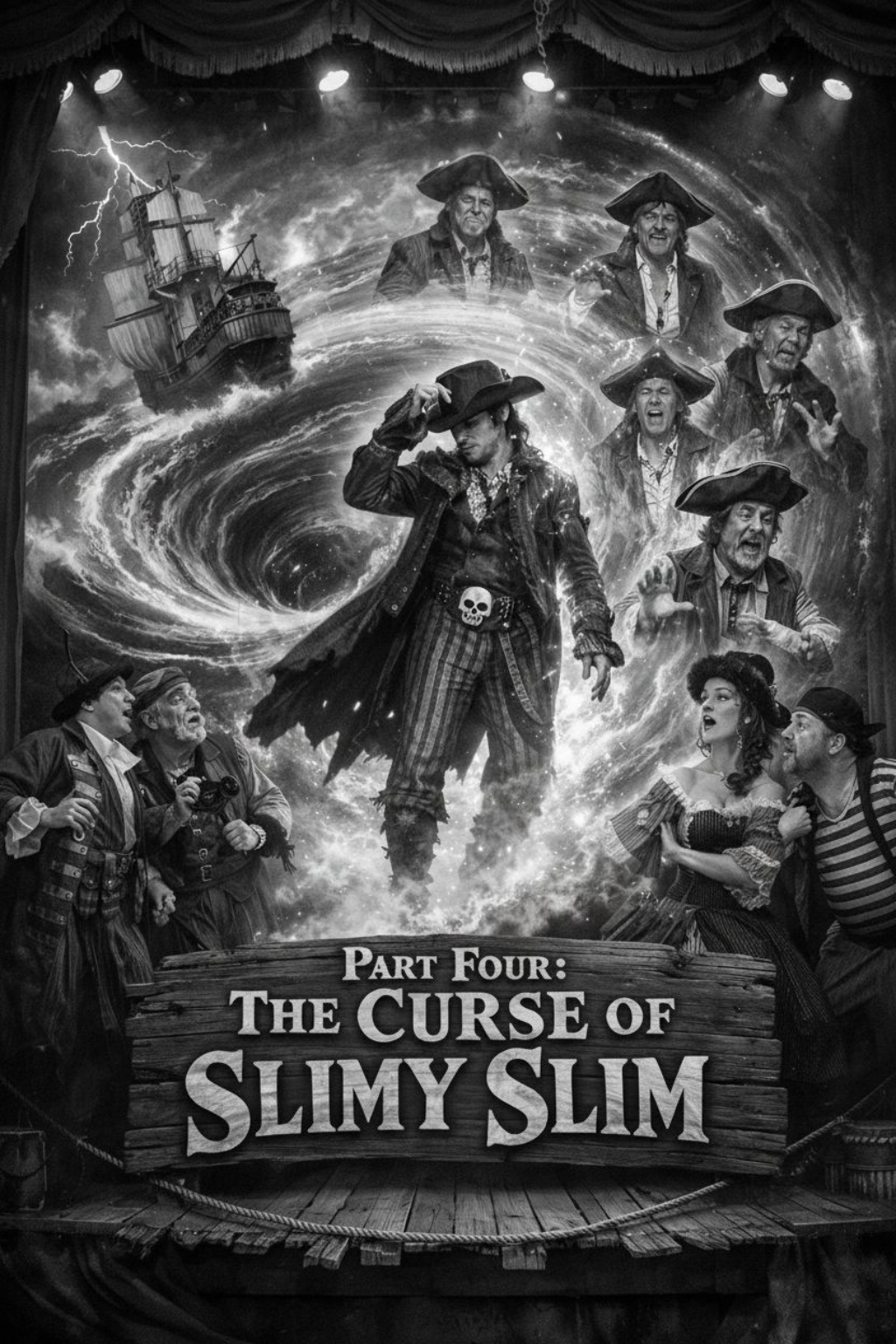 A theatrical poster for a pirate-themed show titled 'Part Four: The Curse of Slimy Slim,' featuring characters in pirate costumes, a swirling cosmic background, and a pirate ship.