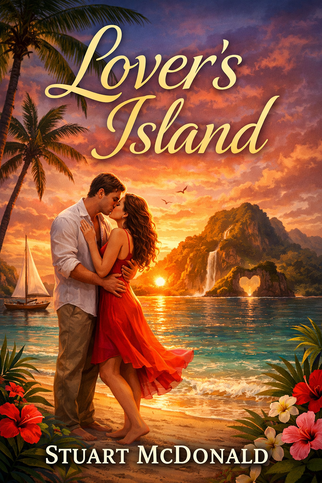 Romantic couple kissing on a beach at sunset with palm trees, sailboat, waterfall, and lush island in the background. Bright flowers frame the scene.