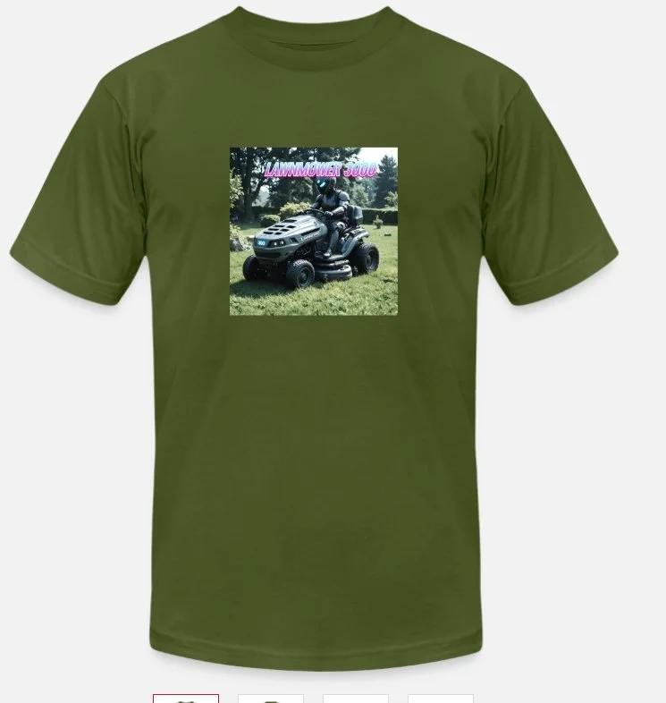 Green T-shirt with graphic of a person riding a lawnmower and pink neon text that reads 'Lawnmower Dude'.