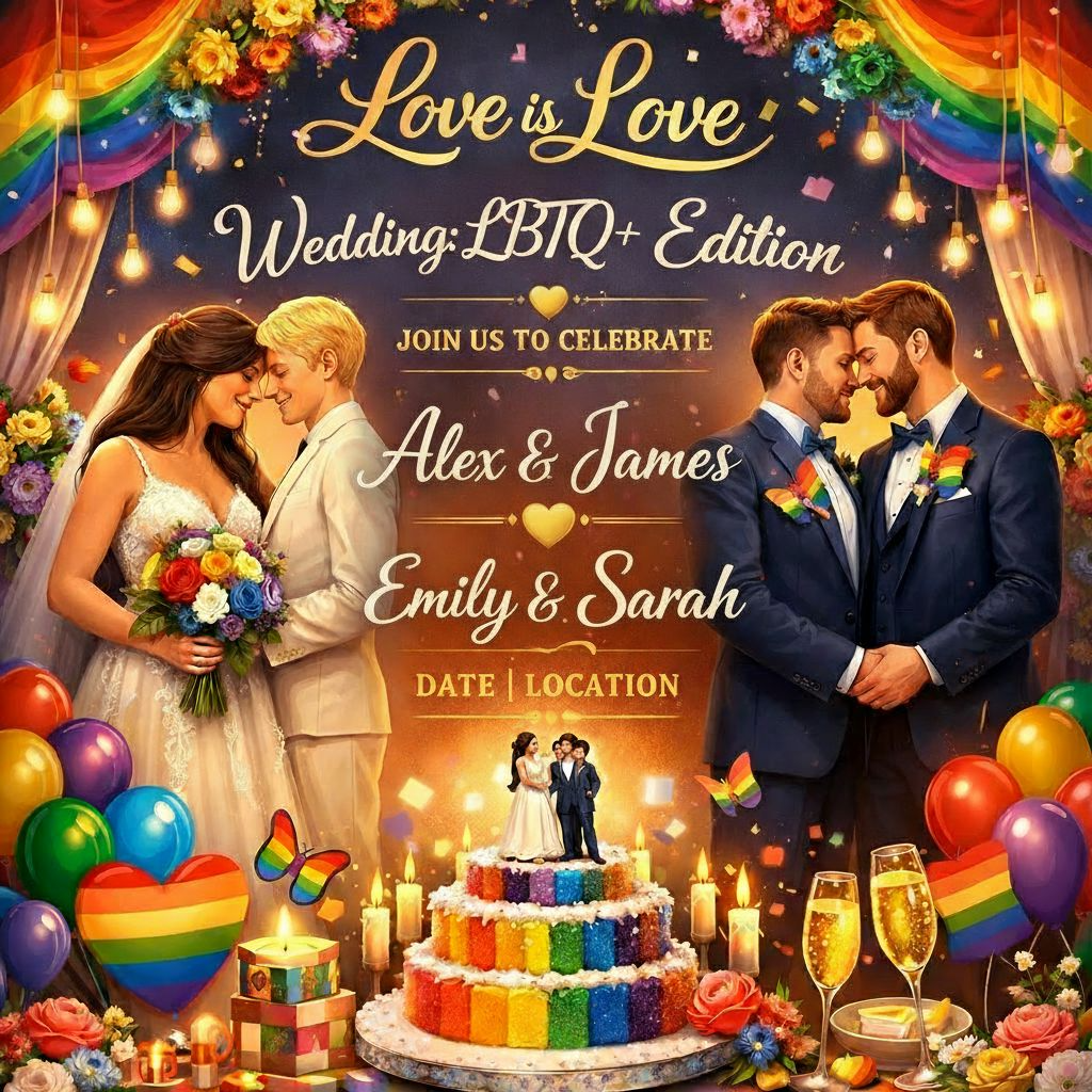Colorful LGBTQ+ wedding celebration poster with images of two gay couples, rainbow decorations, balloons, and a rainbow-themed cake.