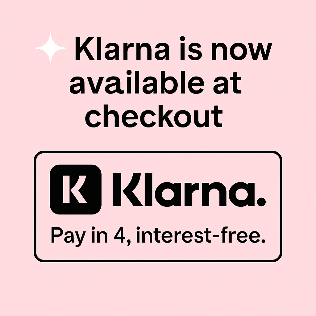 Pink background with black text announcing Klarna service available at checkout with Klarna logo and the phrase 'Pay in 4, interest-free'