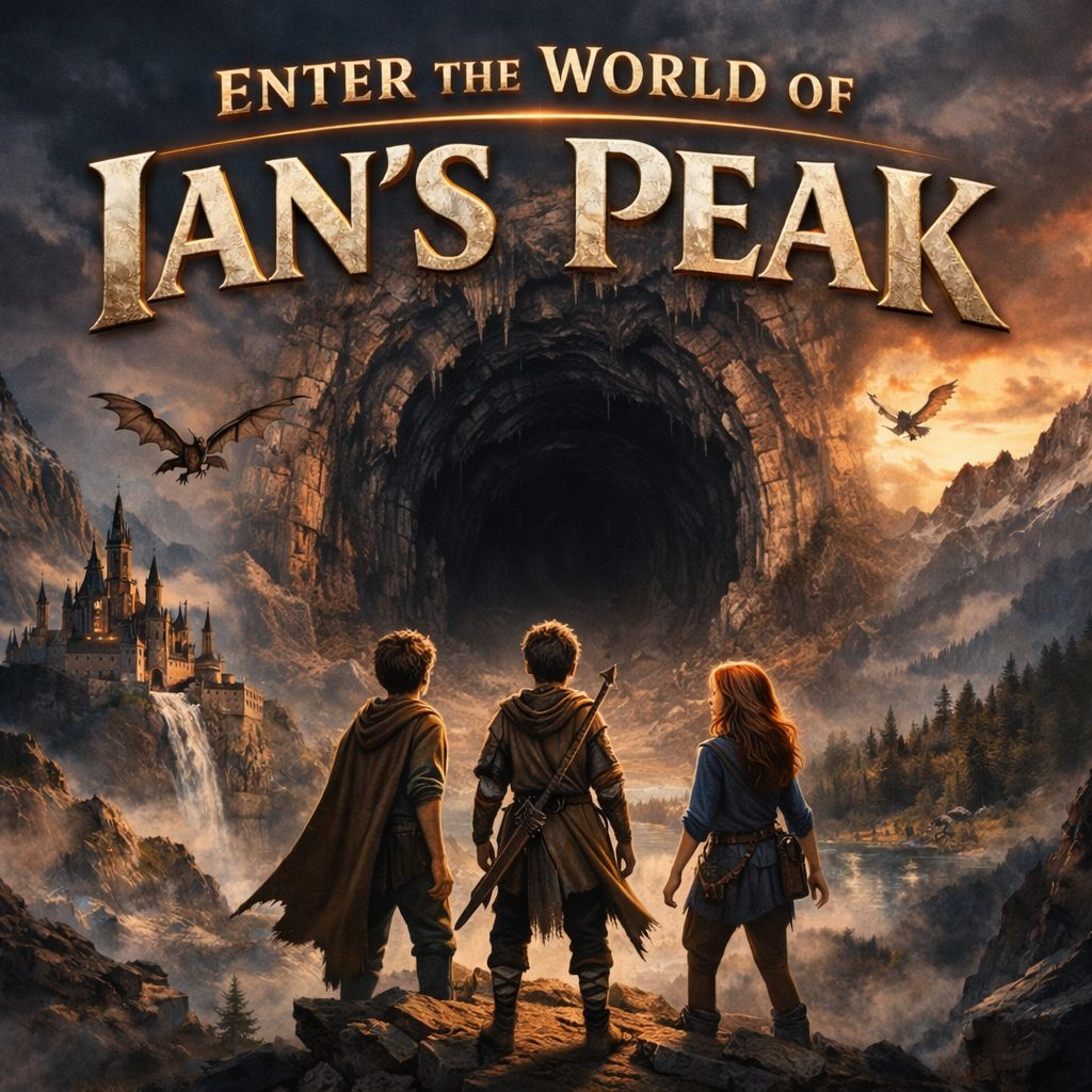 Three adventurers, two males and one female, stand on a rocky ledge overlooking a fantasy landscape with a castle, waterfalls, mountains, and a dark tunnel, with dragons flying in the sky, in a promotional image for 'Enter the World of An's Peak'.