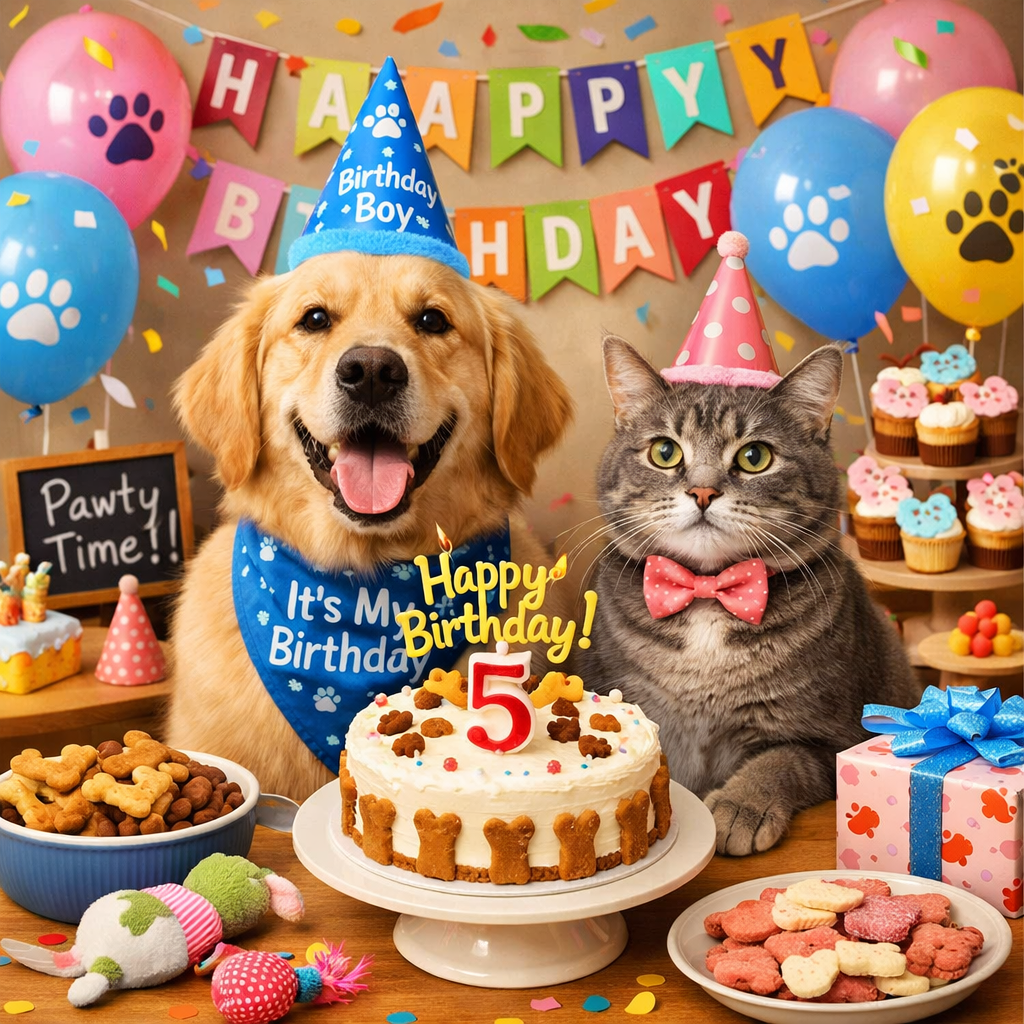 A dog and a cat celebrating a birthday, wearing party hats, surrounded by balloons, cupcakes, and cookies, with a birthday cake featuring the number 5 candle. They are at a decorated party table with colorful confetti and banners in the background.