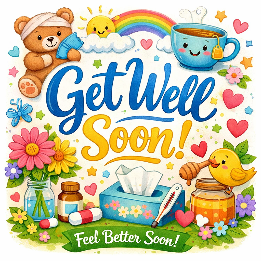 Colorful get well soon card with a teddy bear holding a cool drink, a smiling sun, a rainbow, a happy tea cup, flowers, hearts, stars, a jar of honey with a chick, medication pills, a box of tissues, and a thermometer, with the message 'Get Well Soon! Feel Better Soon!'