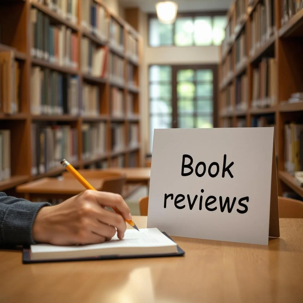 Person writing in a notebook at a table in a library with a sign that says "Book reviews" on the table.
