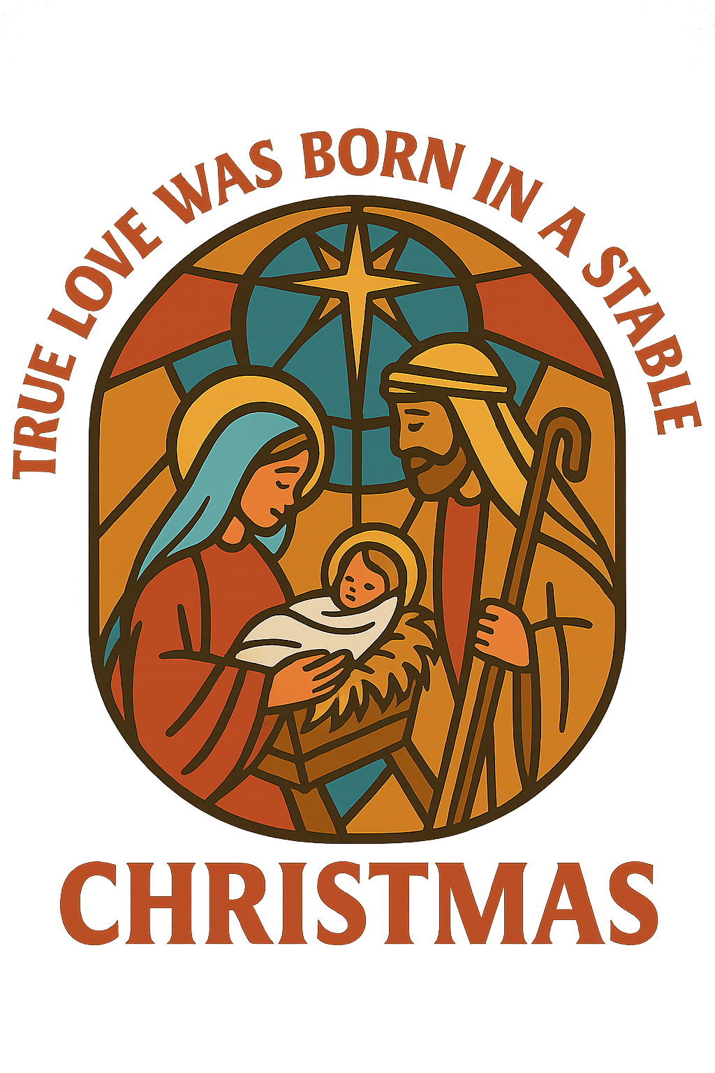 A stained glass depiction of the nativity scene with Mary, Joseph, and baby Jesus, along with the words 'Love was born a stable' and 'Christmas'.