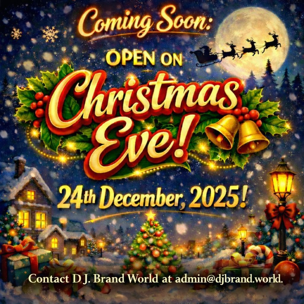 A festive holiday announcement with colorful Christmas decorations, a snowy village scene, a decorated Christmas tree, gifts, a full moon, Santa's sleigh with reindeer flying across the sky, and glowing street lamps. The text promotes a Christmas event opening on December 24th, 2025.