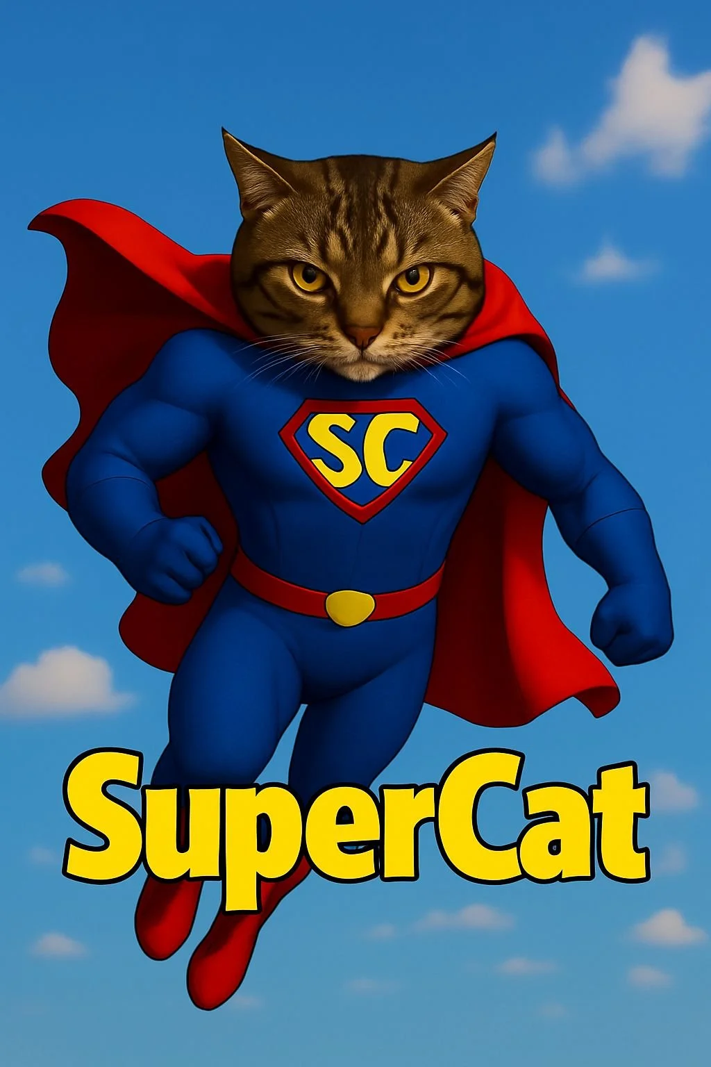 Animated superhero cat with a human body, wearing a blue costume with a red cape and an 'SC' emblem on the chest, flying in the sky with the text 'SuperCat' at the bottom.