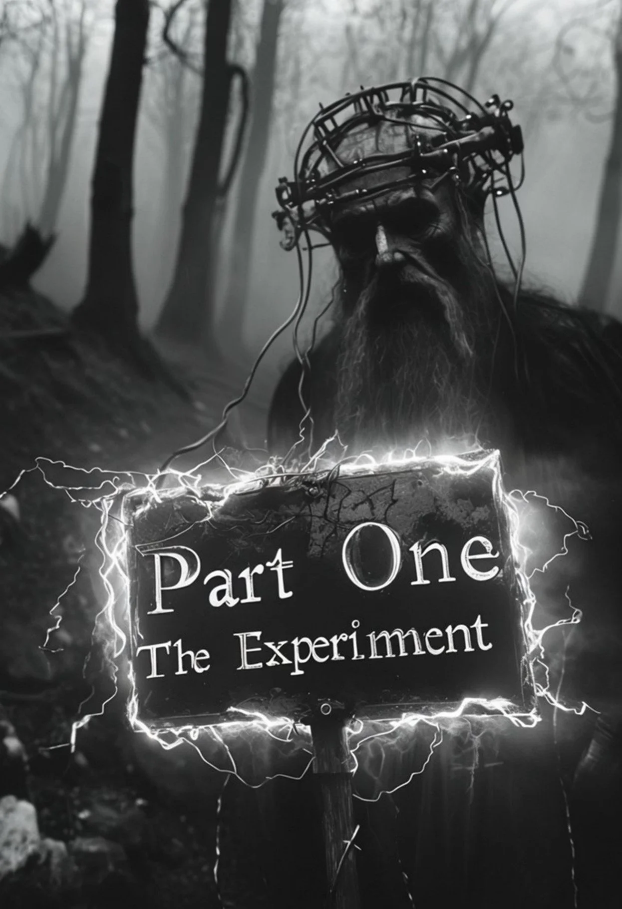 A grayscale image of a man with a lengthy beard and a metal headpiece, standing in a foggy forest, holding a sign that says 'Part One The Experiment' surrounded by electric sparks.