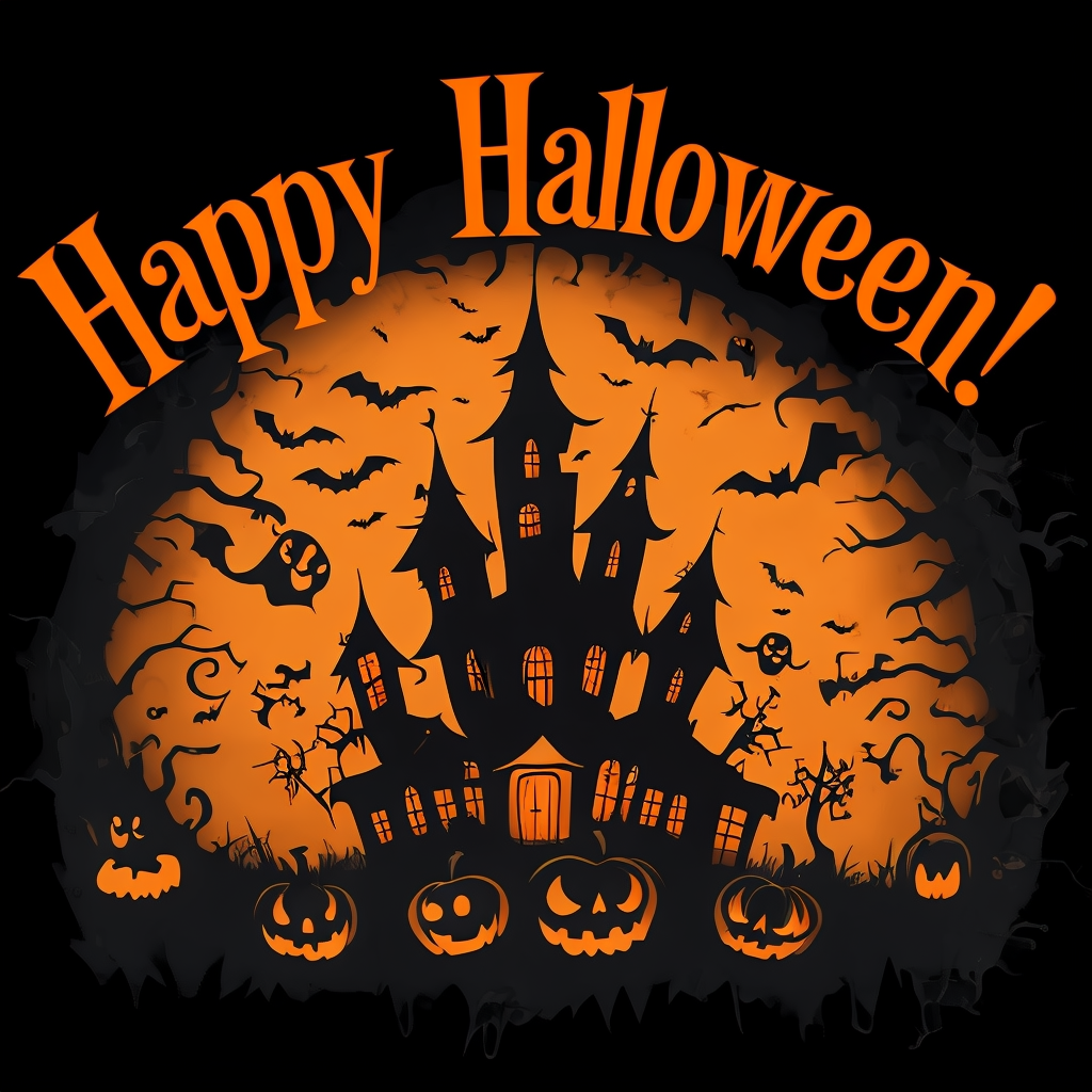 A Halloween-themed illustration featuring a spooky haunted house with pointed towers, surrounded by leafless, twisted trees and flying bats. The background is orange with black accents, including multiple carved pumpkins in the foreground. The text "Happy Halloween!" is written in large orange letters at the top.