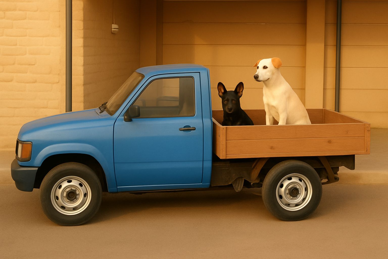 Two dogs sitting in the back of a miniature blue pickup truck.