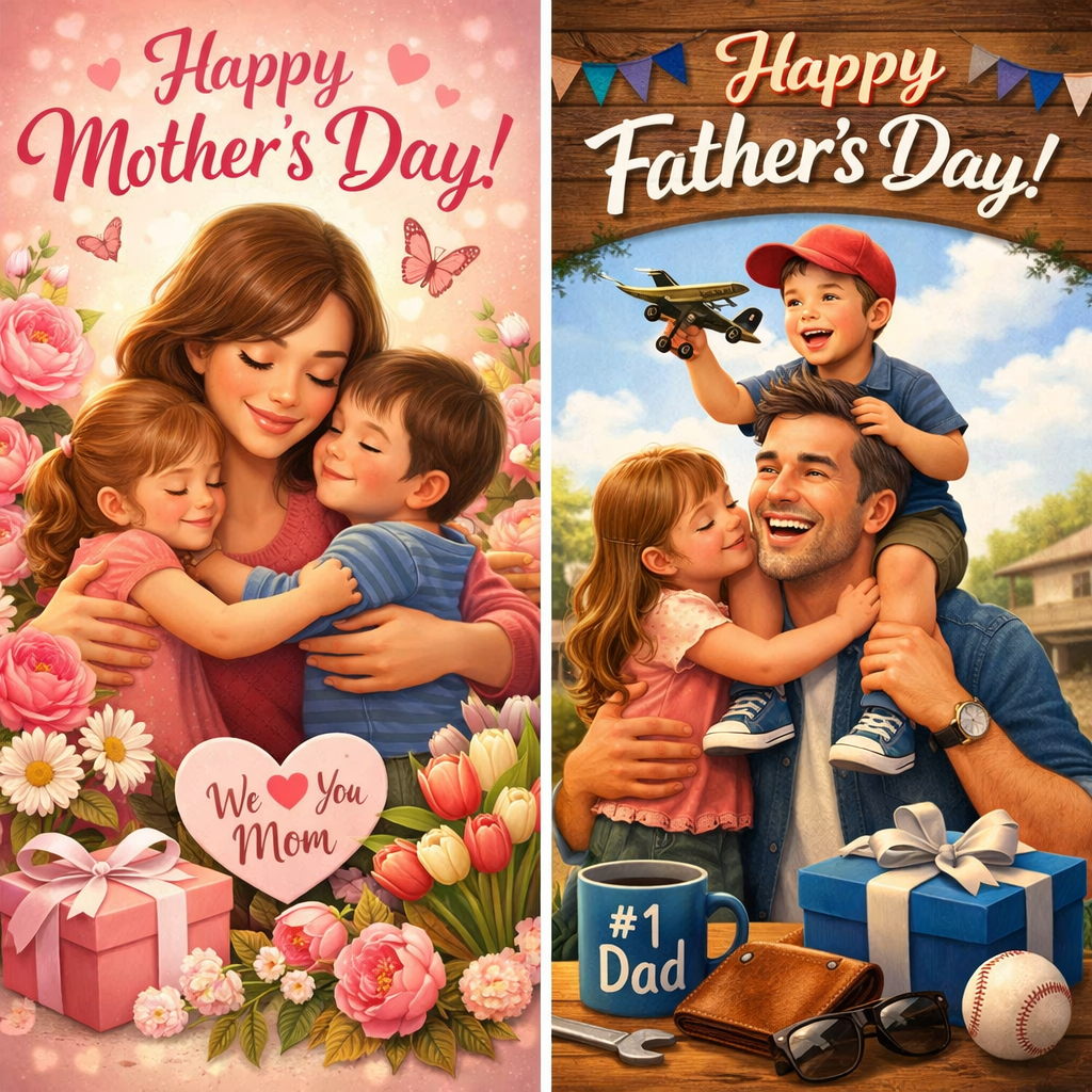 Mother's Day card with a woman hugging two children, surrounded by pink flowers, roses, and a gift box, with the message 'Happy Mother's Day!' and 'We love you Mom'. Father's Day card with a man holding a boy on his shoulders, with a girl hugging him, outdoors with blue sky, with the message 'Happy Father's Day!' and a table with a mug saying '#1 Dad', a baseball, sunglasses, a woven wallet, a wrench, a toy airplane, and a gift box.