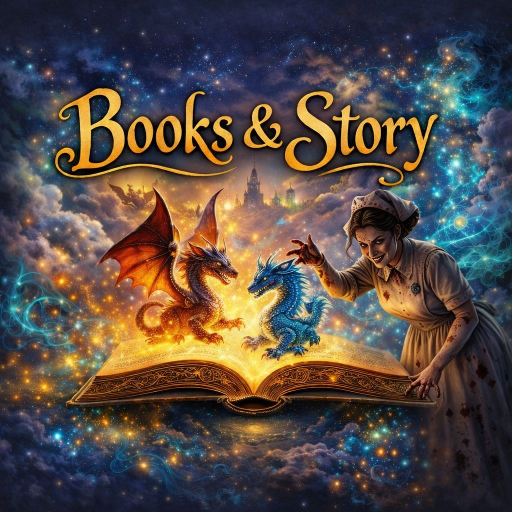 Fantasy scene with an open glowing book, two dragons emerging from it, a smiling woman in vintage dress and headscarf, with a magical starry sky and castle in the background. Text reads, 'Books & Story'.