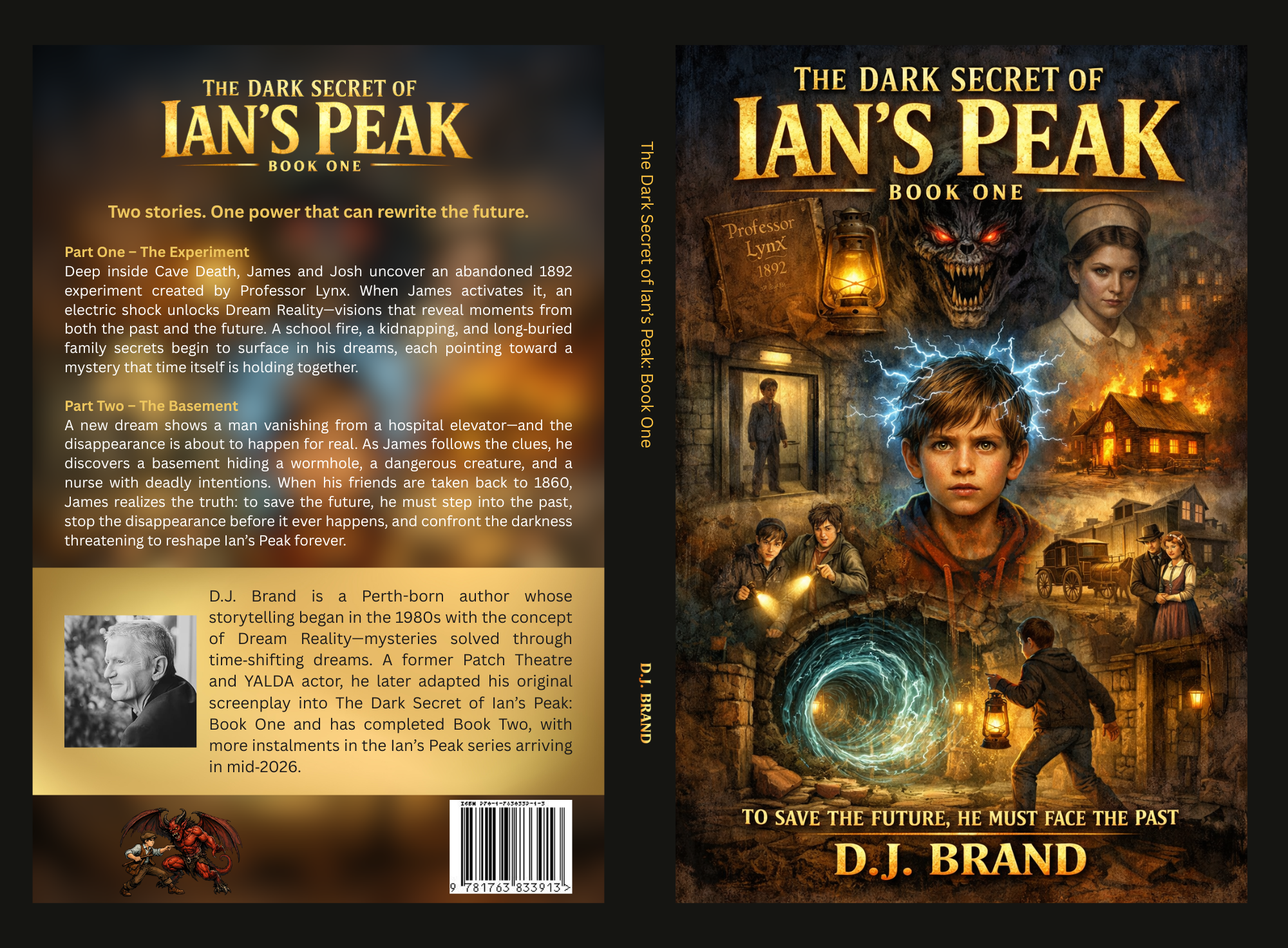 Book cover titled "The Dark Secret of Ian's Peak: Book One" featuring a children's boy with lightning around his head, a menacing creature with glowing red eyes behind him, a girl standing near a house threatened by fire, a haunted house, a man with a lantern, and a vortex of lightning emerging from a hole in the ground.