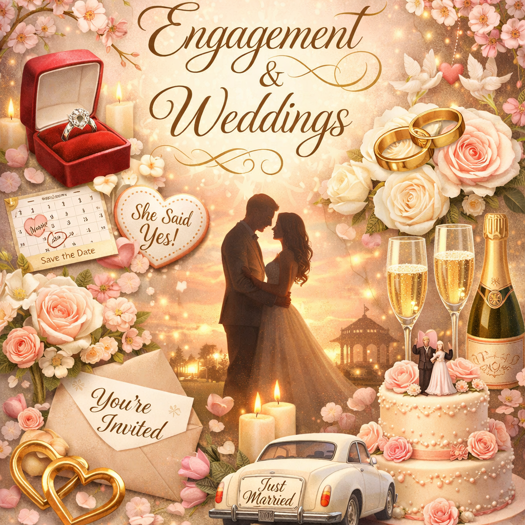 A romantic engagement and wedding celebration invitation featuring a couple at sunset, surrounded by flowers, candles, champagne, a wedding ring, a 'Save the Date' card, a wedding cake, a vintage car with a 'Just Married' sign, and decorative hearts and rings.