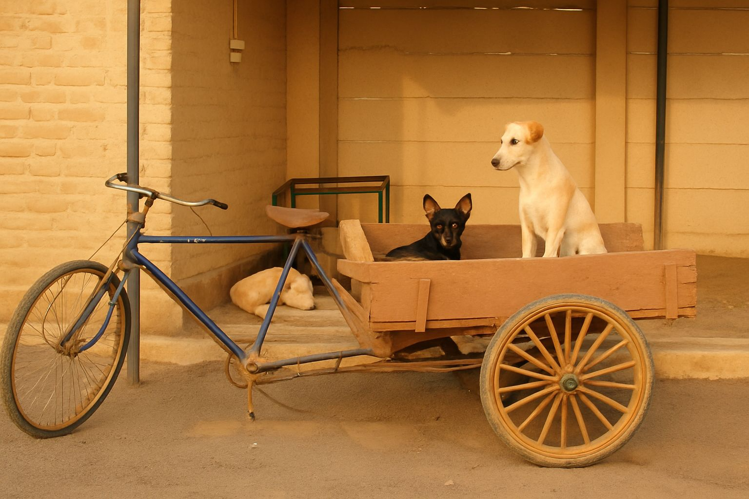 Three dogs in a wooden cart attached to a bicycle, positioned against a brick wall and wooden siding. One dog is lying down, while the other two sit upright, looking in different directions.