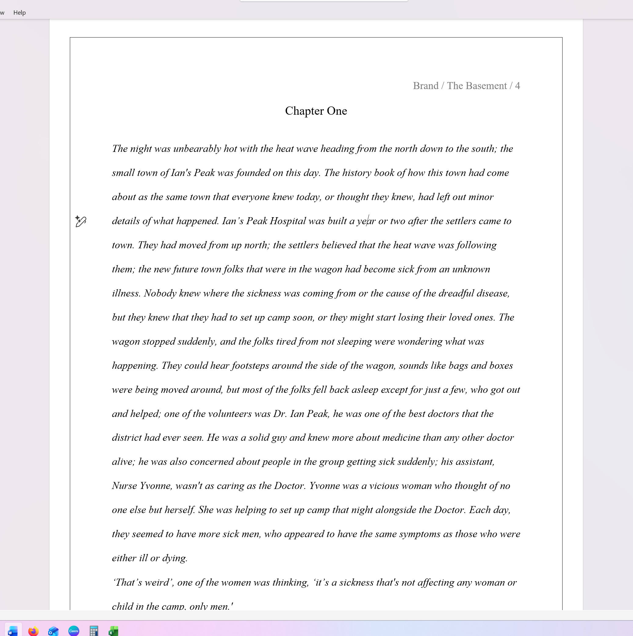 A printed page from a book or document, showing the beginning of Chapter One, with text discussing a historical event involving a town, a heatwave, and the establishment of a camp during a disease outbreak with medical personnel present.