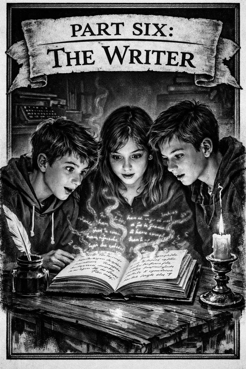 Three children, two boys and one girl, gathered around an open book on a wooden table, with a lit candle and an ink bottle with a feather quill. They are reading with fascination as wisps of glowing, smoky letters rise from the book. The background depicts a cozy, dimly lit room with bookshelves and typewriters. The image is in black and white, with a caption at the top reading "Part Six: The Writer."