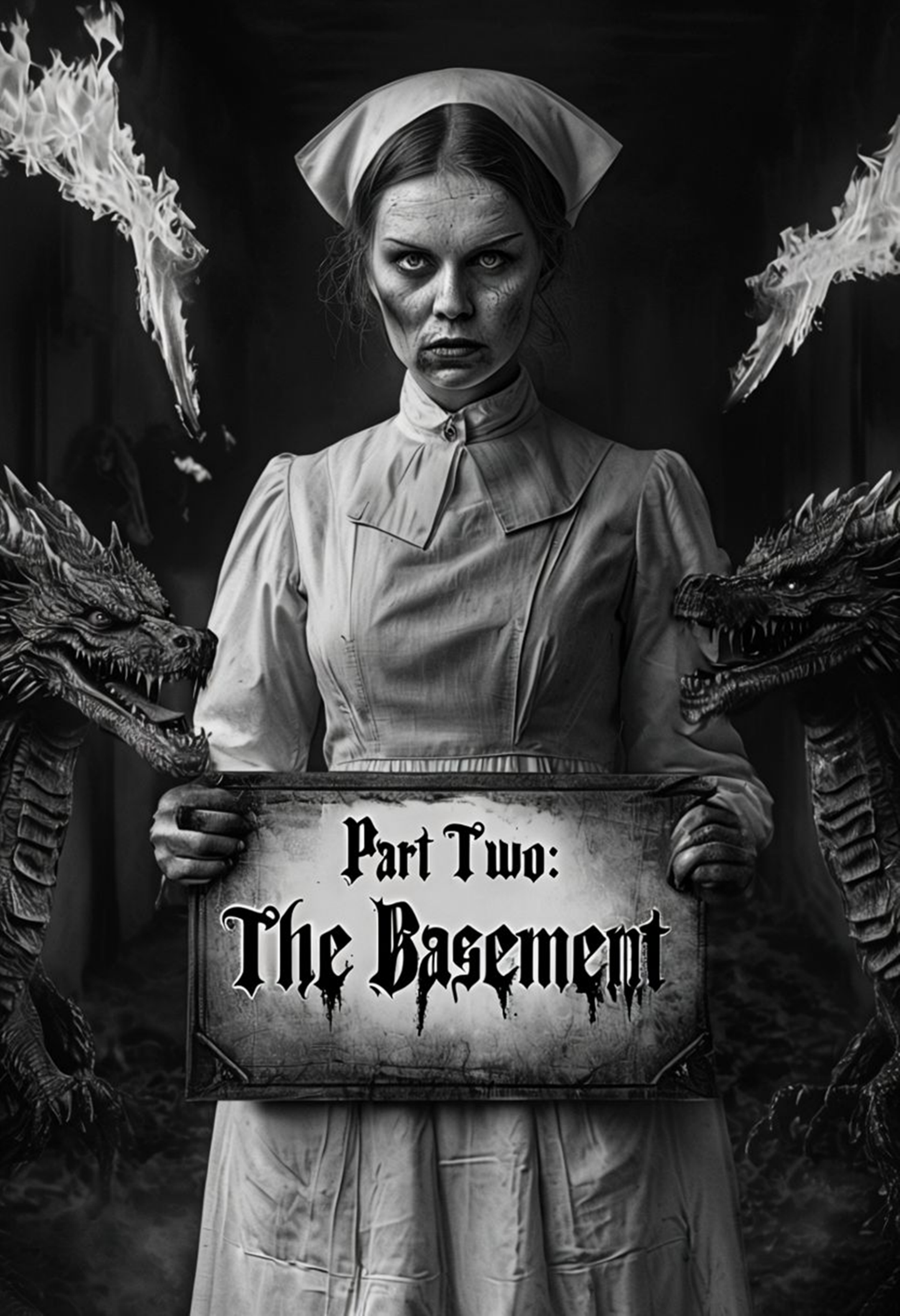 Black and white image of a woman dressed as a nurse holding a sign that reads 'Part Two: The Basement'. She has an intense expression, and dragon-like creatures are on either side of her.