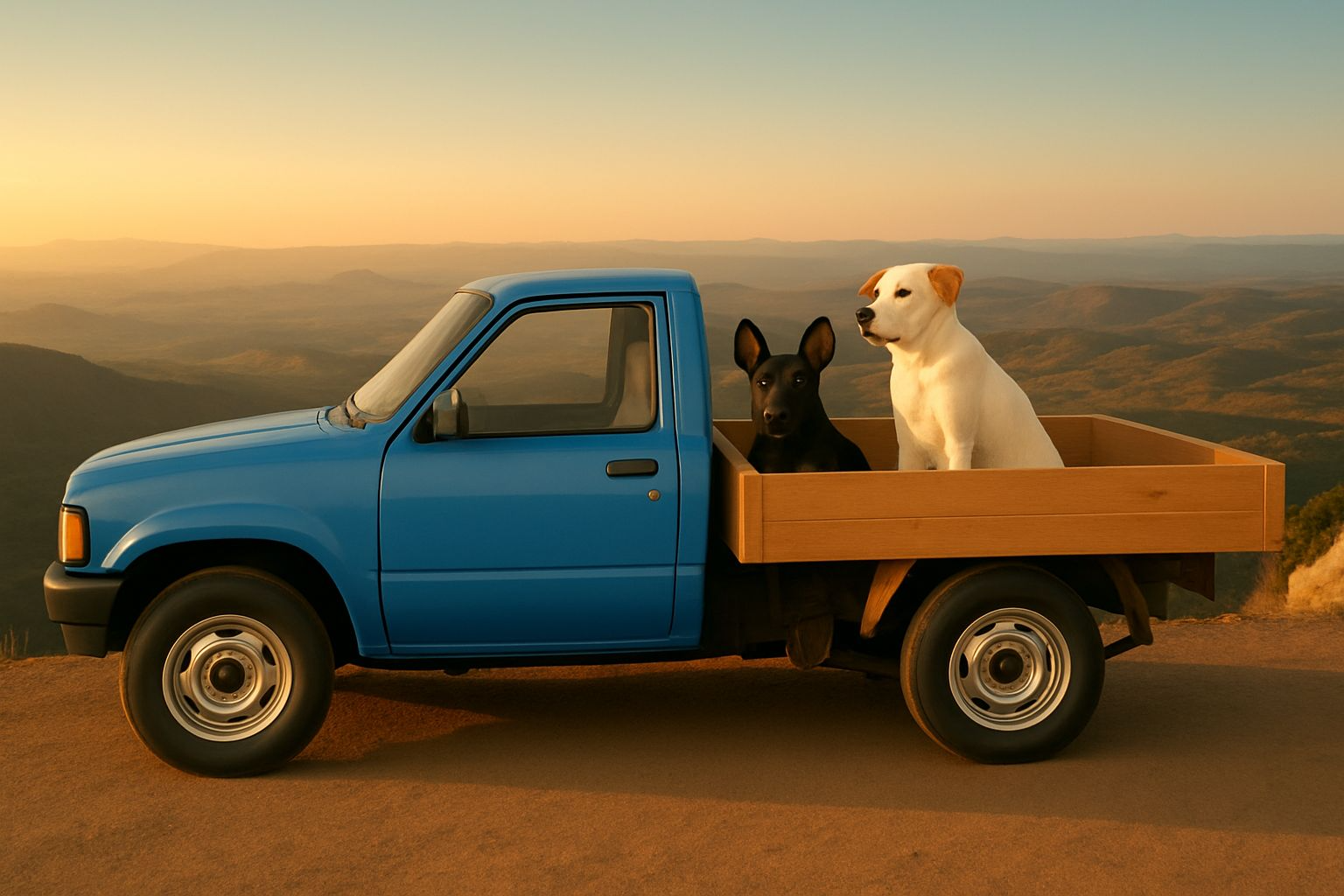 Two dogs sitting in the back of a blue pickup truck with a scenic mountain view at sunset.