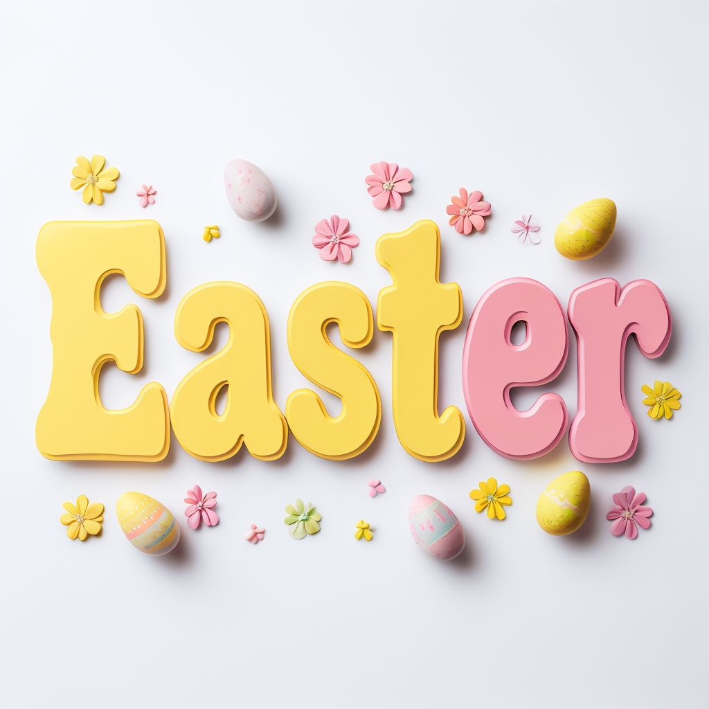 Colorful Easter eggs and small flowers surrounding the word 'Easter' spelled out in large pastel-colored letters on a white background.