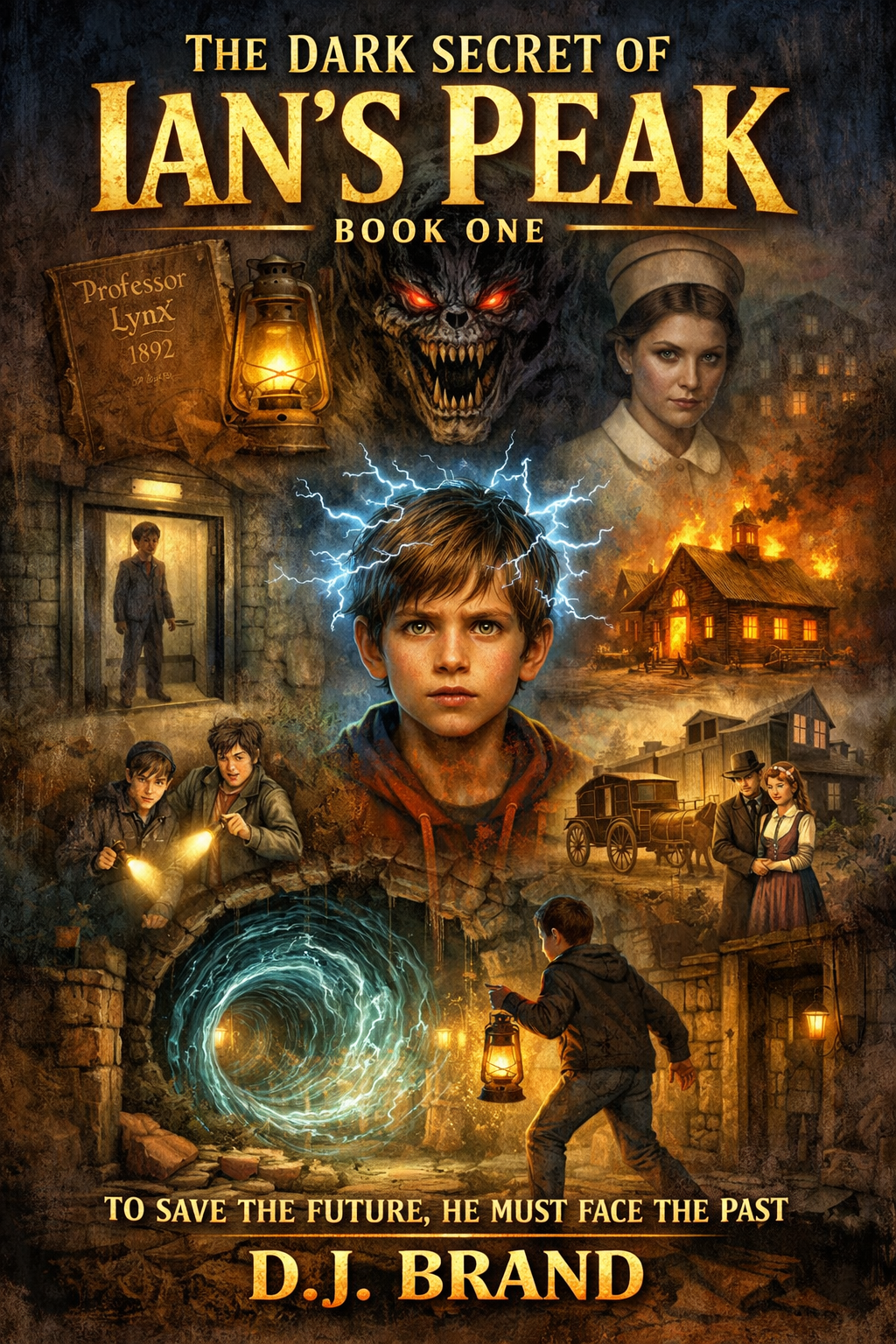 Book cover for 'The Dark Secret of Ian's Peak: Book One' by D.J. Brand. Features a young boy with lightning bolts around his head, a wolf with glowing red eyes, an old woman, a house on fire, and children with flashlights. Also shows a portal tunnel, a man with lantern, and a couple embracing. The background depicts a small town and a forested area. Tagline: 'To Save the Future, He Must Face the Past'.