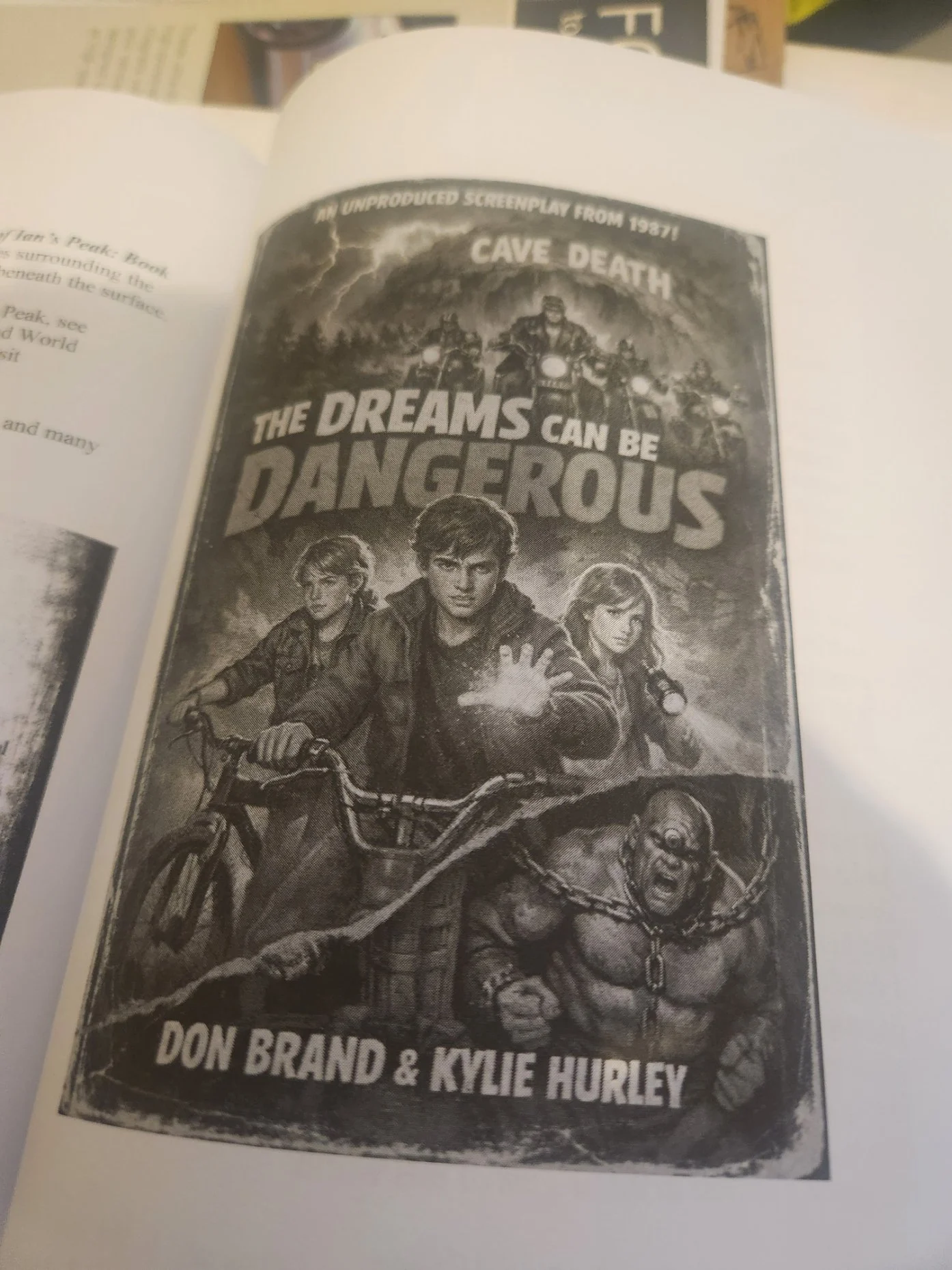 Black and white movie poster for 'Cave Death', featuring three young characters with one raising his hand, a muscular man chained, and a background with motorcycles and lightning, with the text 'The Dreams Can Be Dangerous' and names Don Brand and Kylie Hurley.