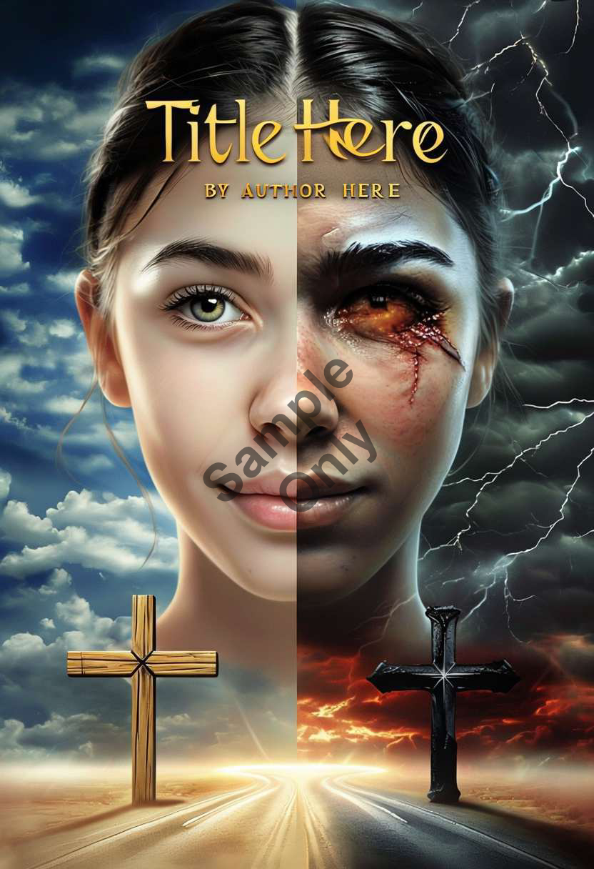 Digital illustration split in half showing a young woman with bright skin and green eye on the left, and a dark, stormy version of her with a bruised eye and lightning on the right, with crosses at the bottom and a road leading into the horizon, and placeholder text for a book title and author.