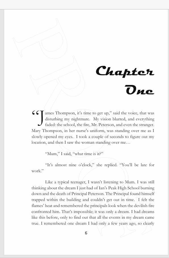 Page from a book titled 'Chapter One' with text describing a teenage boy's experience in a fire, reflecting on a dream about a school fire and Principal Peterson's death.