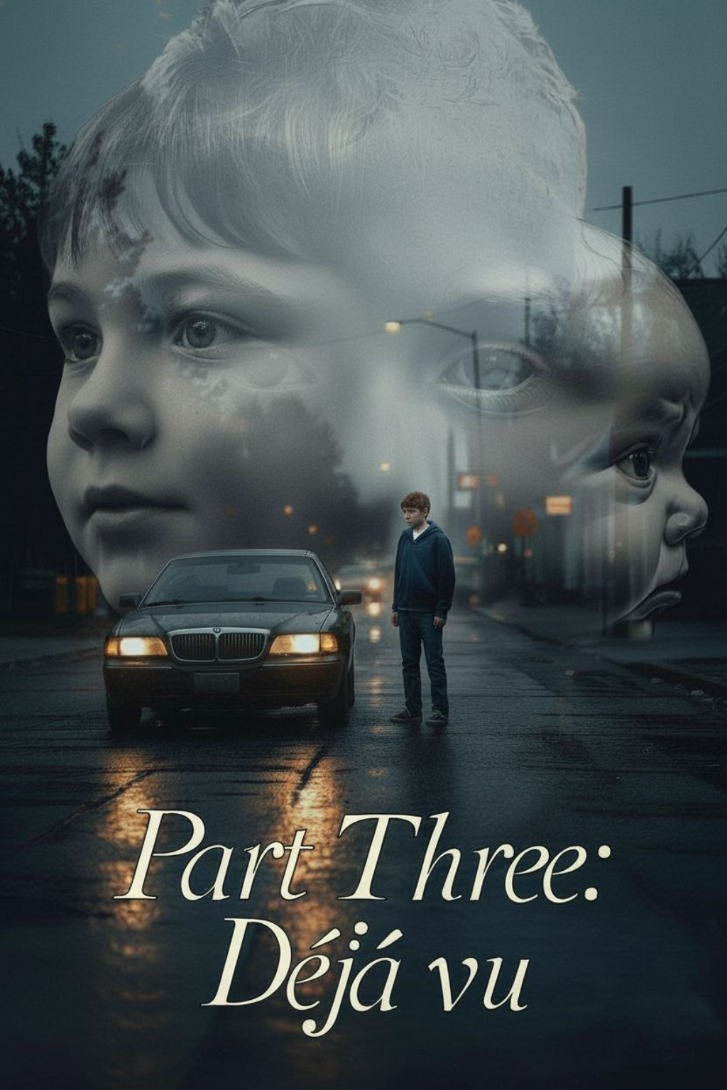 A young man standing on a wet street, with large, semi-transparent images of two children's faces overlapping in the background. The scene is moody and appears to be evening or night, with cars and streetlights visible. The title "Part Three: Déjà vu" is written at the bottom.