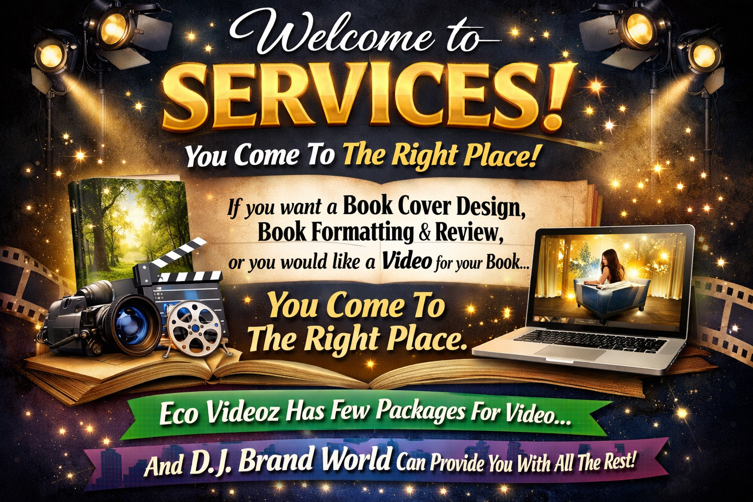 A promotional graphic for a video and book service with text, film equipment, a book, a laptop showing a girl reading, and stage lights in the background, decorated with stars and film strips.