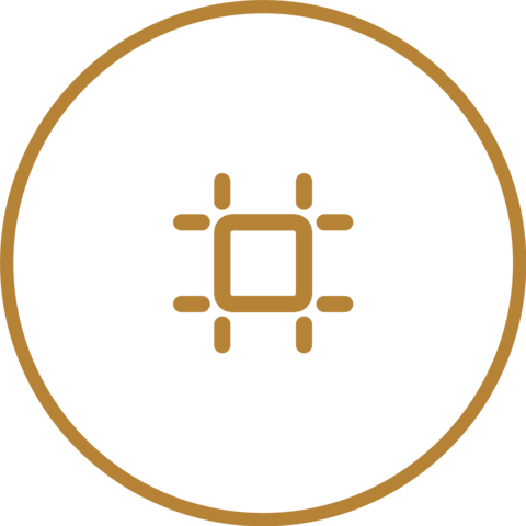Symbol eines Computers oder einer technischen Schnittstelle innerhalb eines Kreises, in brauner Farbe auf schwarzem Hintergrund.