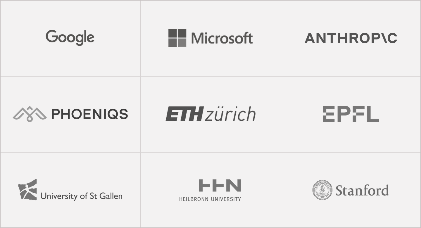 Tabelle mit Logos und Namen verschiedener Organisationen, darunter Google, Microsoft, Anthropic, Phoeniqs, ETH Zürich, EPFL, Universität St Gallen (HSG), Universität Heilbronn und Stanford.