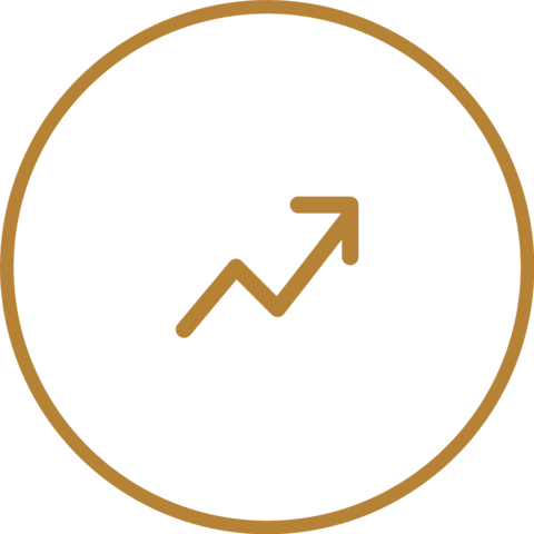 Symbol eines aufsteigenden Aktien- oder Wachstumsdiagramms in einem braunen Kreis