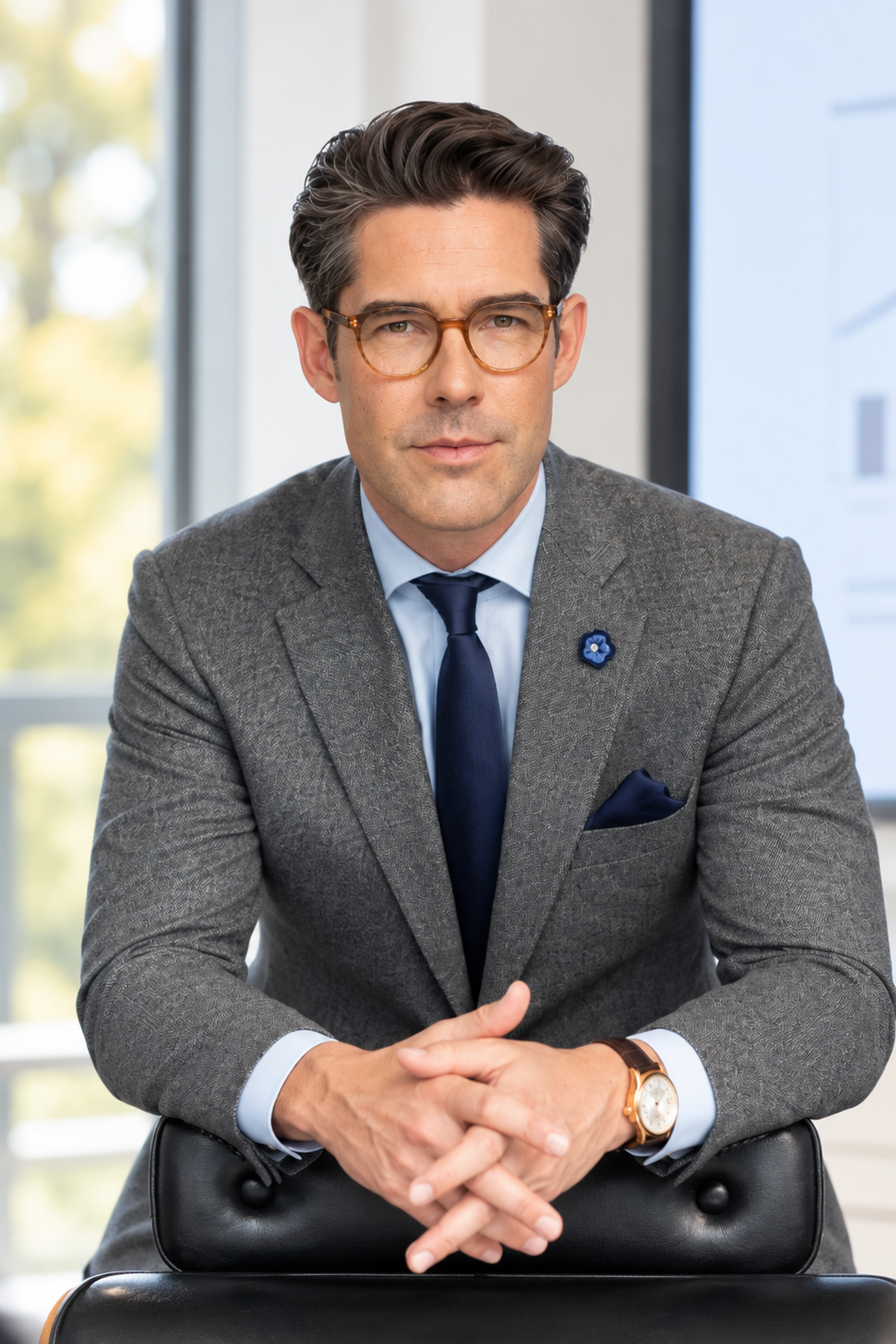 Porträt eines Businessmannes mit dunklem Haar, Brille und grauem Anzug, der vor einem Fenster sitzt.
