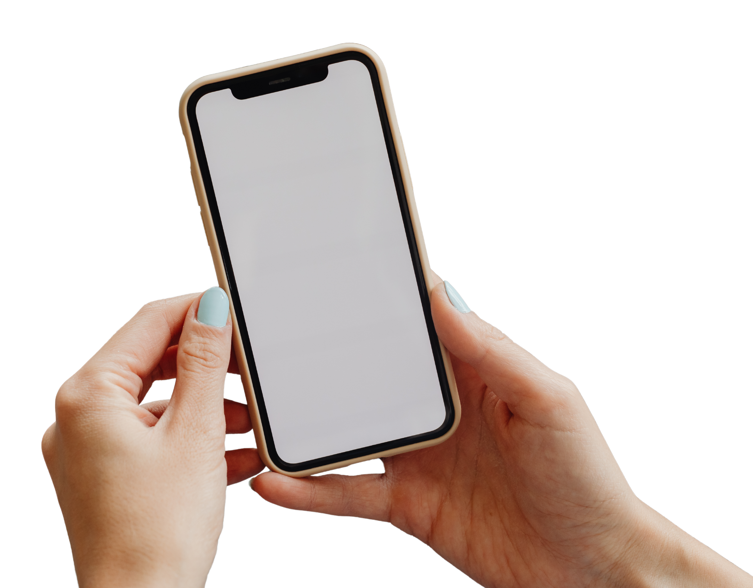 Person holding a smartphone with a blank white screen.