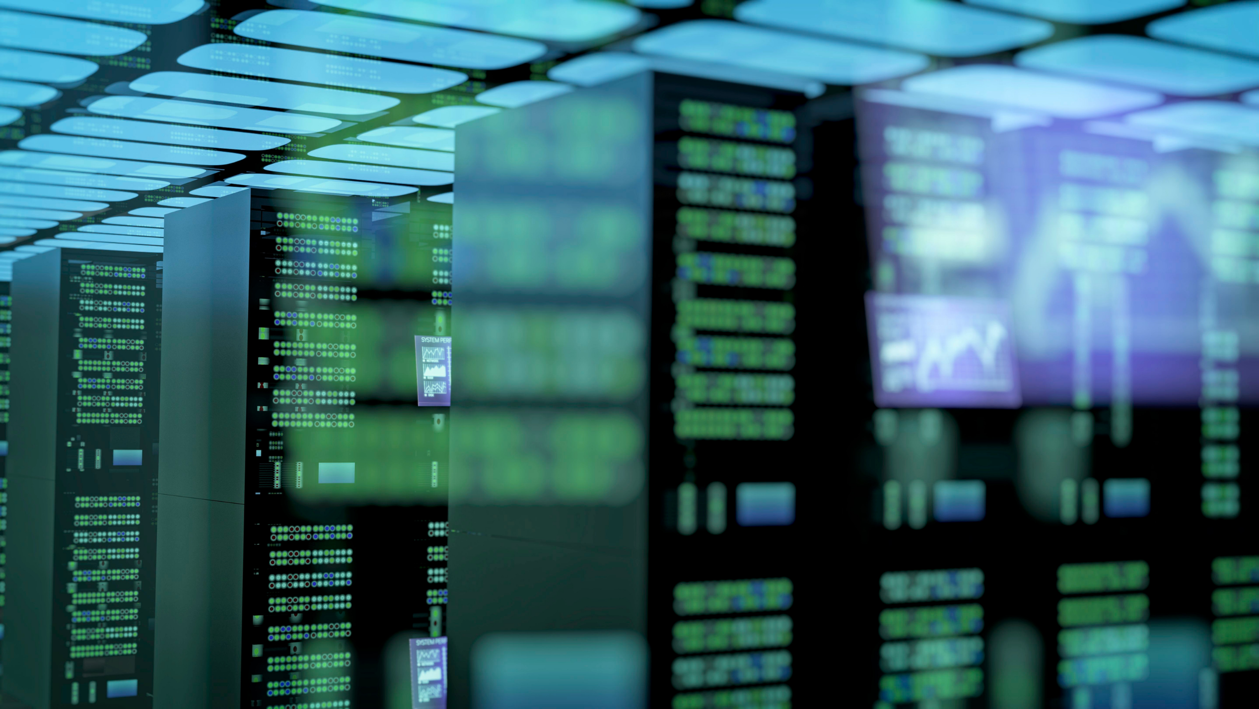 A data center with multiple server racks illuminated by blue and green lights, featuring control screens on some servers.