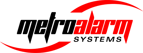 MetroAlarm Systems logo with black and red text and swoosh elements.