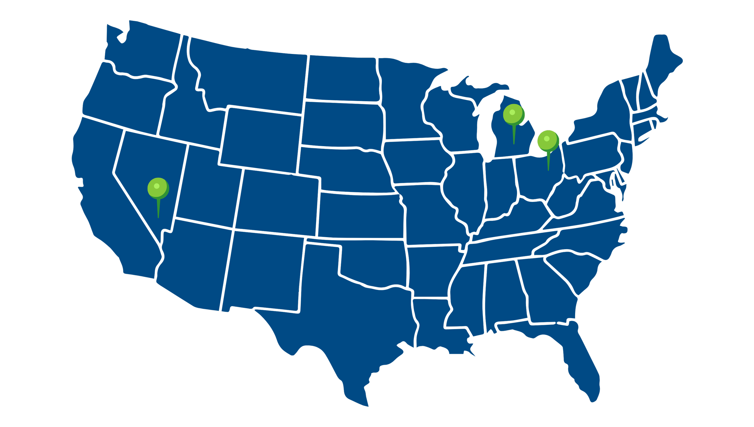Map of the United States with three green location pins in Illinois, New York, and Arizona.