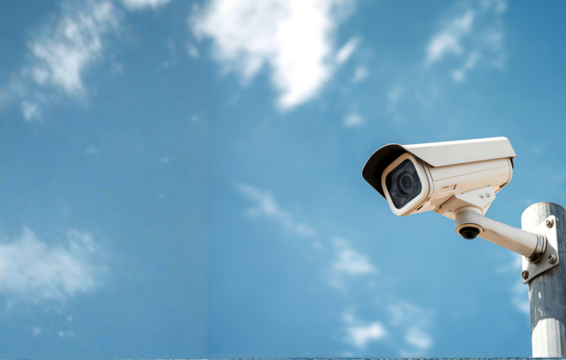 A security camera mounted on a metal pole against a blue sky with some clouds.