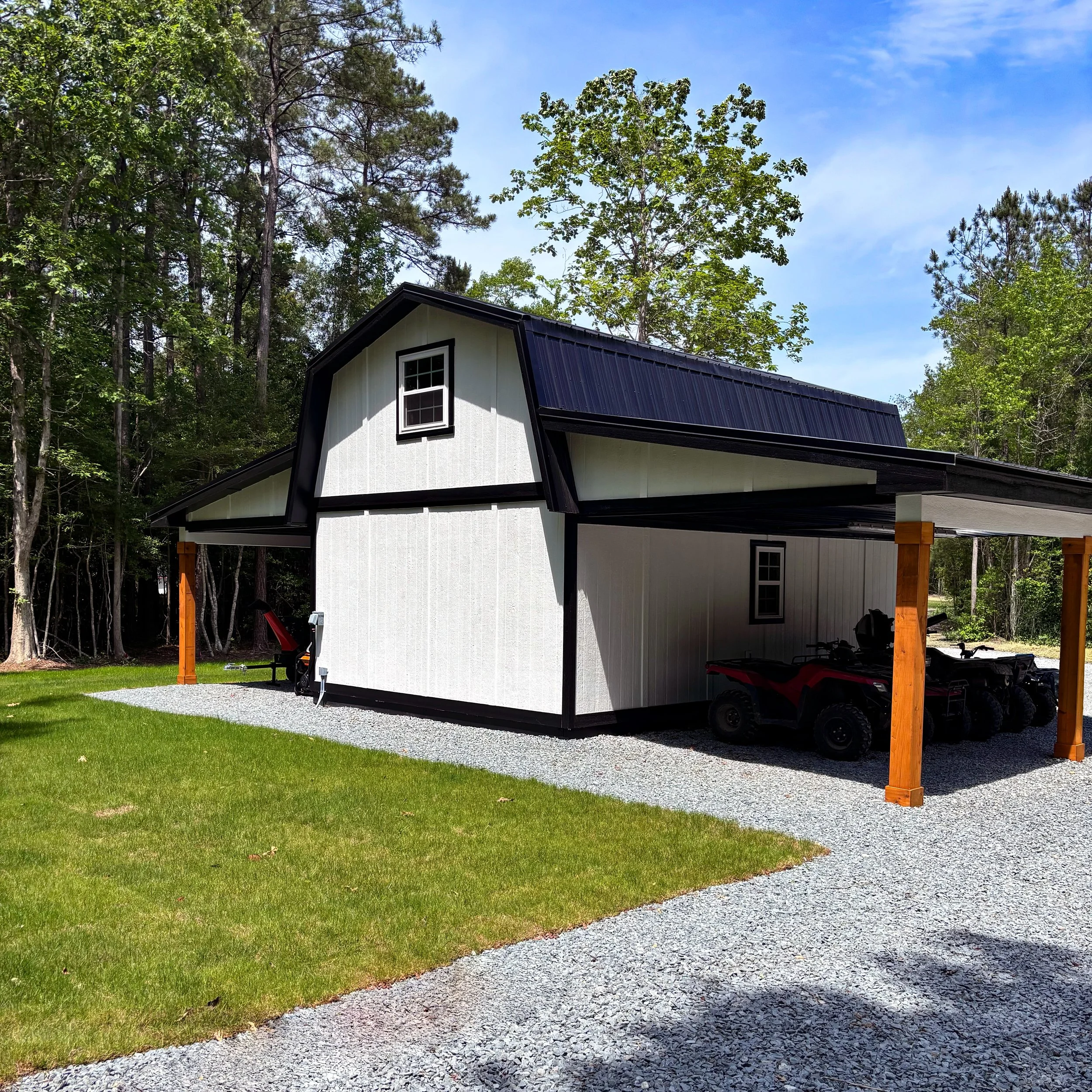 southern crest innovators general contractor nc north carolina classic mini barn with turf and gravel, epoxy flooring, and paint job