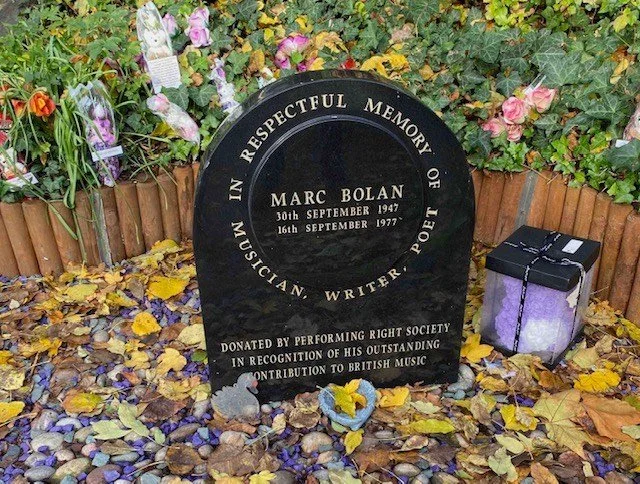 Close-up of Marc Bolan's memorial stone